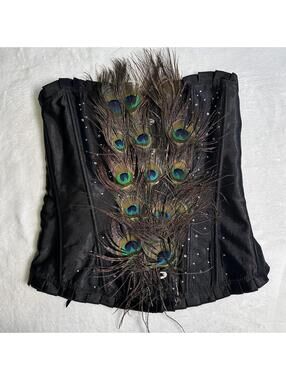 Black Satin Corset with Peacock Feather Detail Large